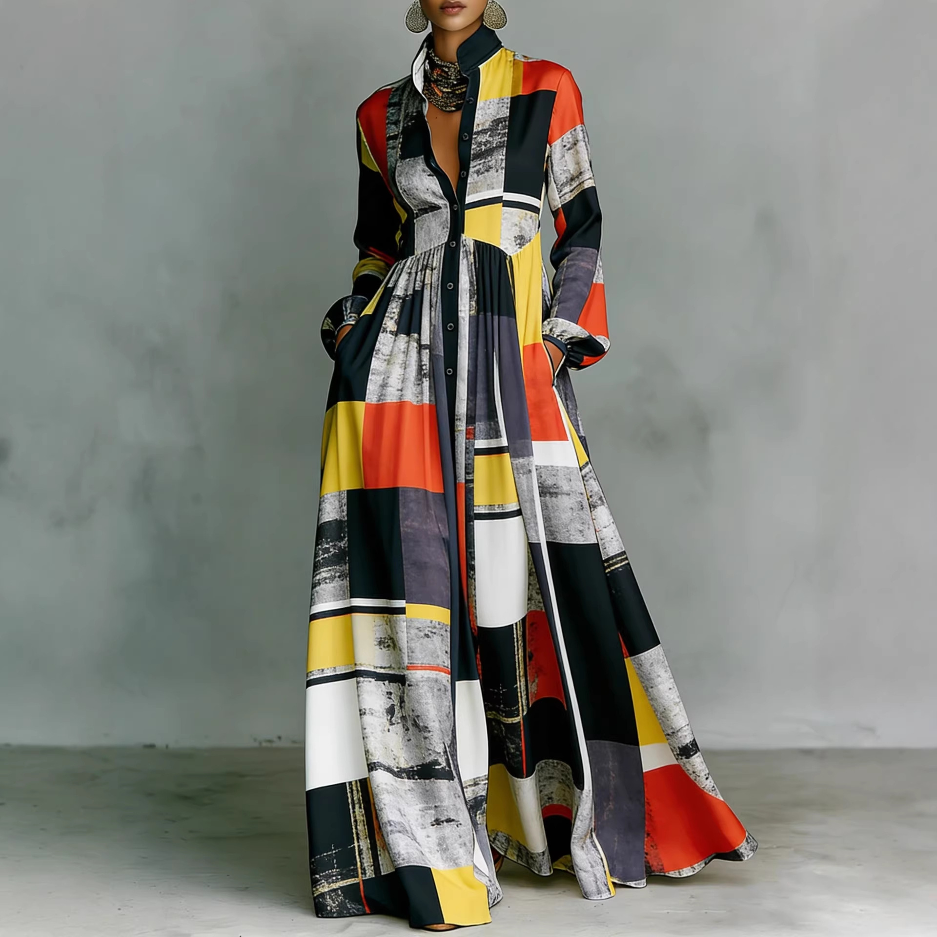 French Waist-Cinching Floral Print Long Sleeve Maxi Dress