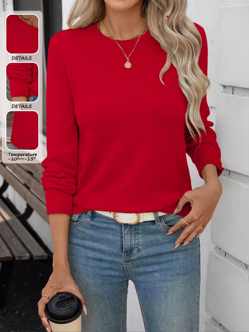 Women's Soft Stretch Crewneck Long-Sleeve Knit Top Solid Color