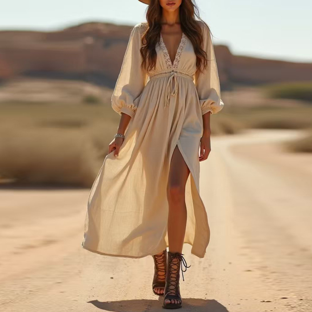 Women's Deep V-Neck Long Split Dress Elegant Bubble Sleeve