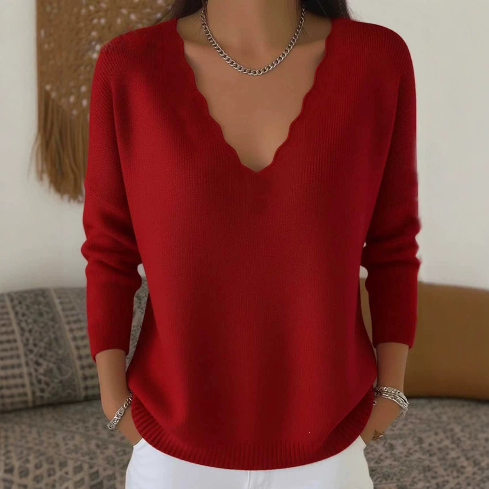 V-Neck Loose Knit Sweater Solid Color Casual Pullover