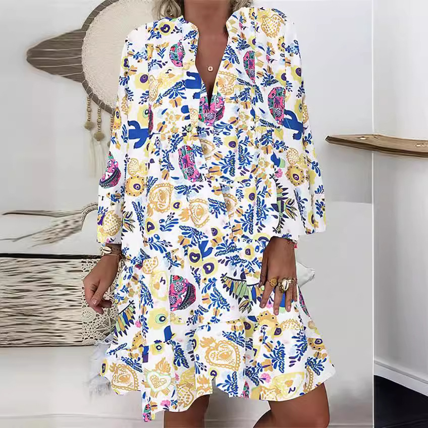 Floral Print 3/4 Sleeve Ruffle A-Line Dress V-Neck Loose Fit