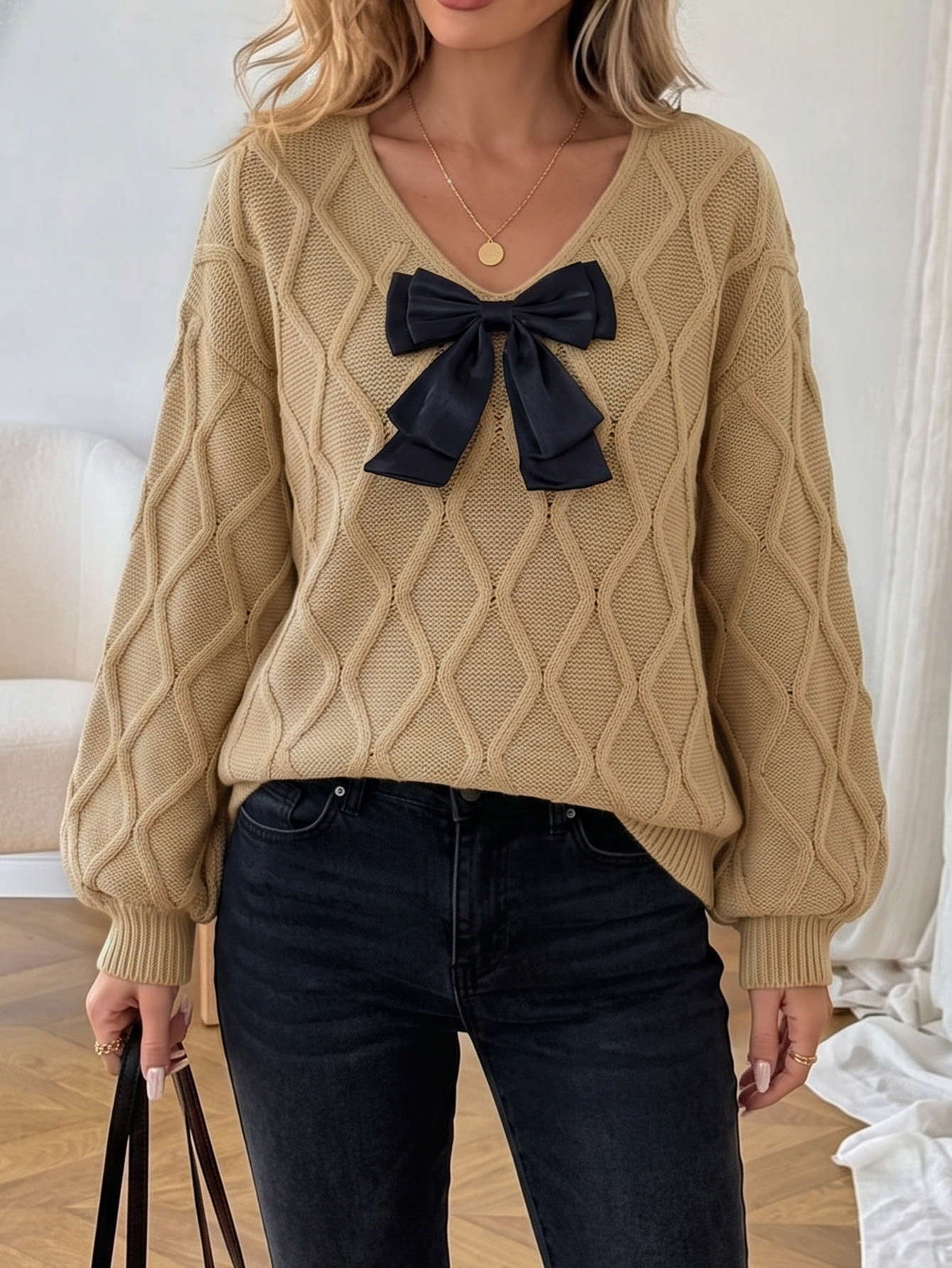 V-Neck Bow Long-Sleeve Loose Knit Sweater
