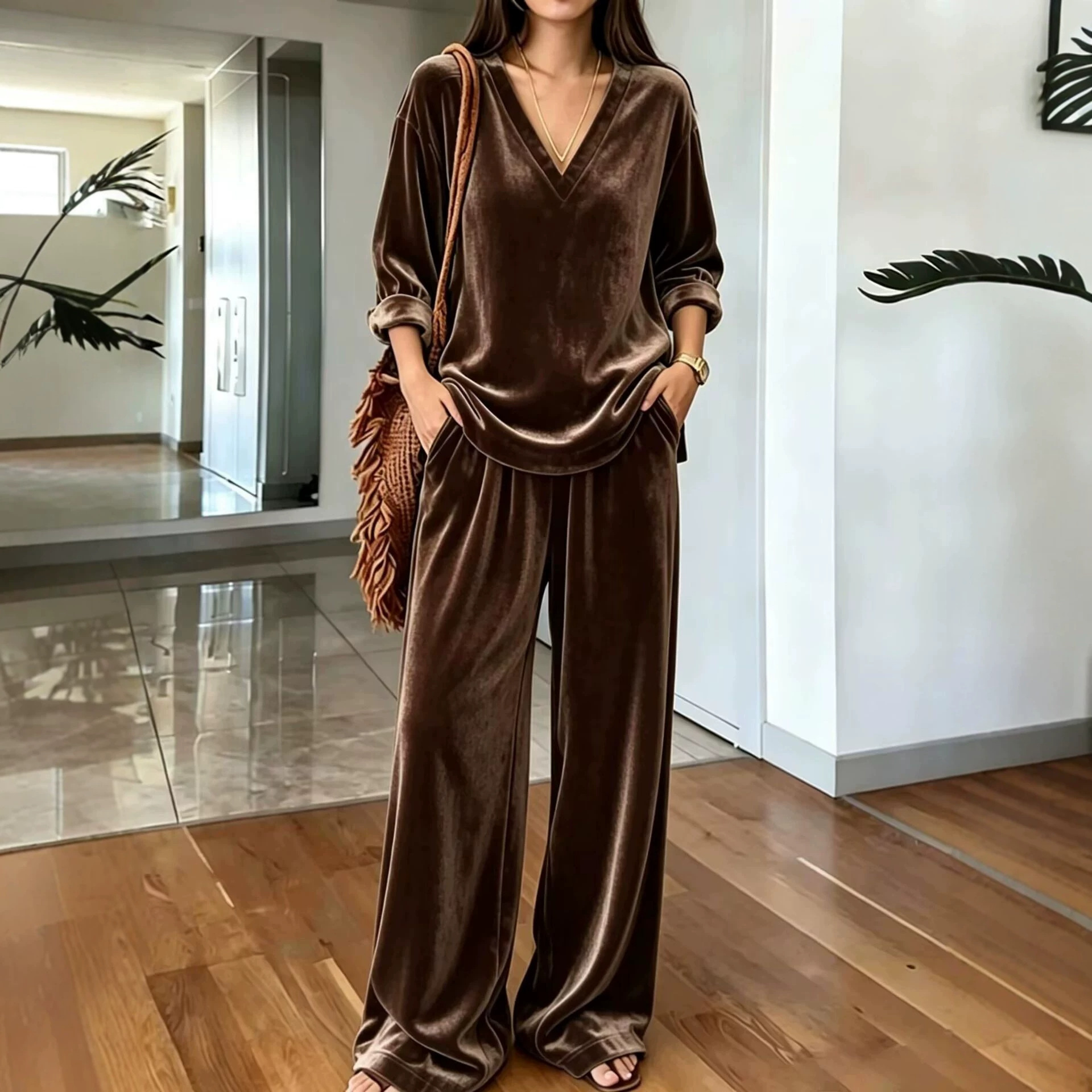 Women's V-Neck Long Sleeve Top & Wide Leg Pants Two-Piece Set