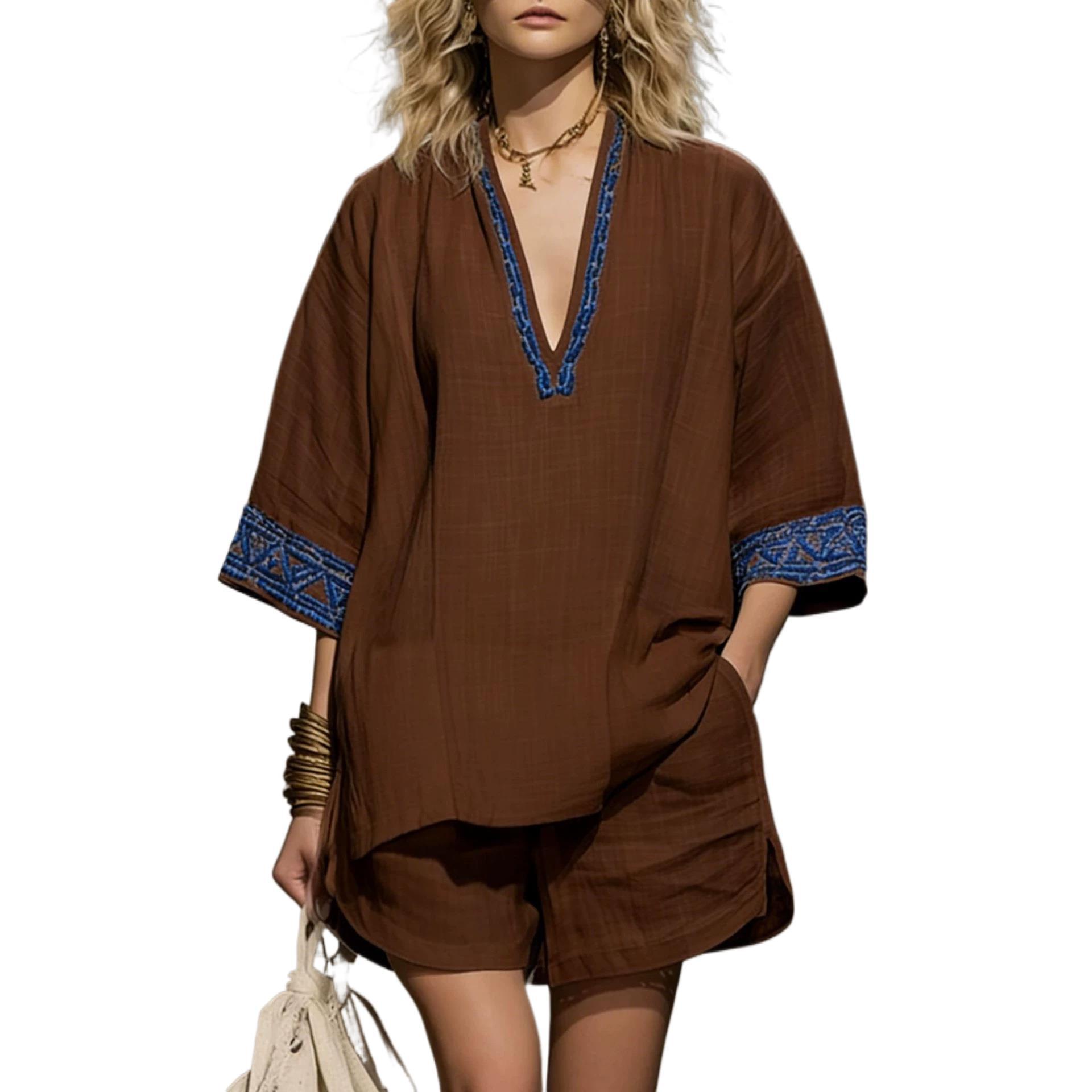 Bohemian Linen-Blend Printed V-Neck Short Sleeve Shorts Women's Set