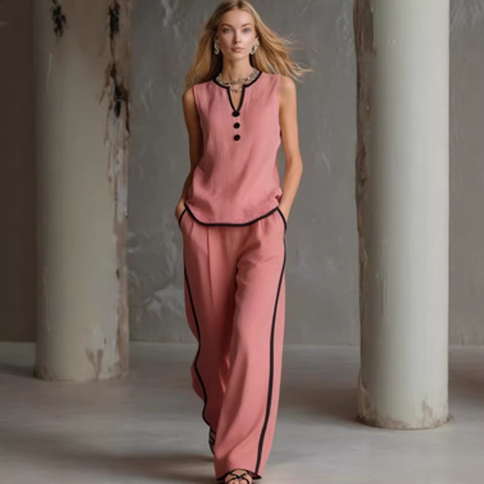 Women's Sleeveless Button Two-Piece Pant Set Casual Solid Color