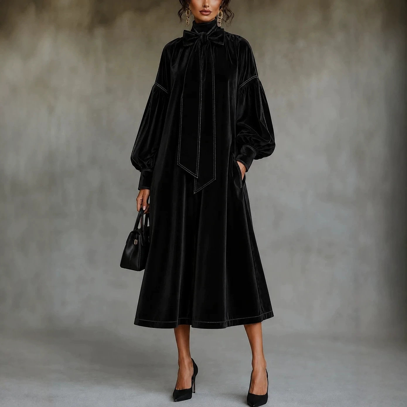 Black Velvet Bow Lantern Sleeve Loose A-Line Midi Dress