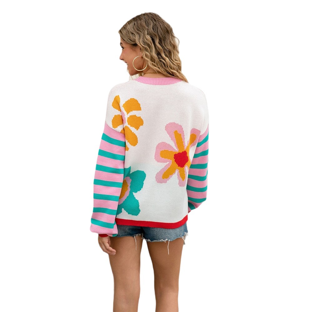Women's Striped Floral Knit Sweater Colorblock Crew Neck Long Sleeve