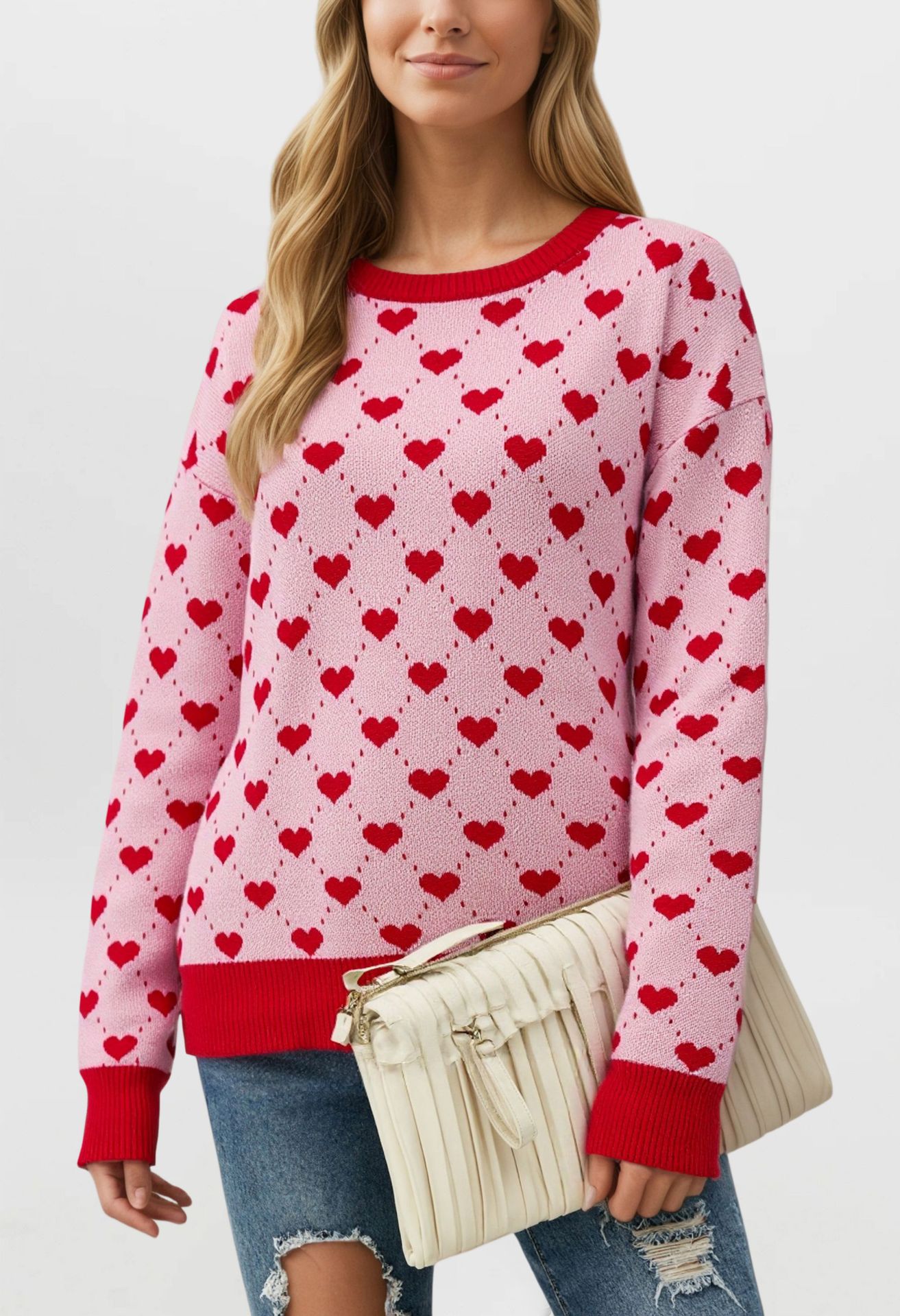 Women's Loose Oversized Heart Colorblock Crewneck Pullover Sweater