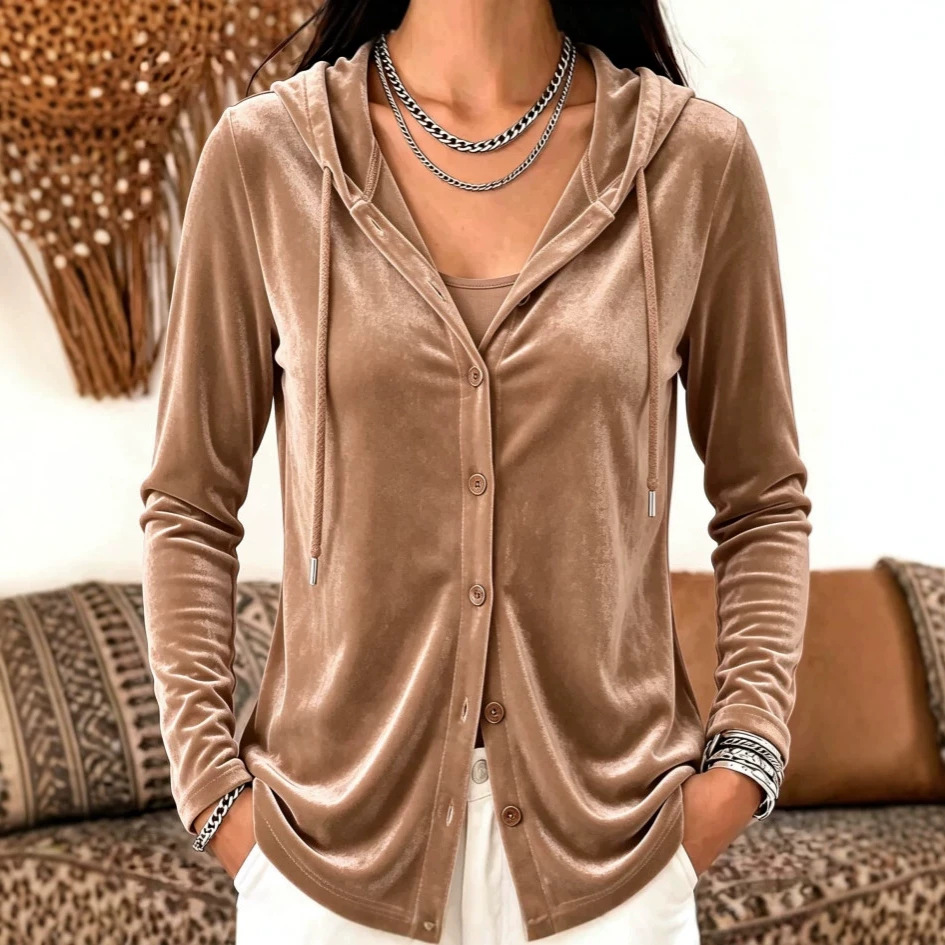 Button-Up Hooded Cardigan Jacket Gold Velvet Solid Color Casual Women's