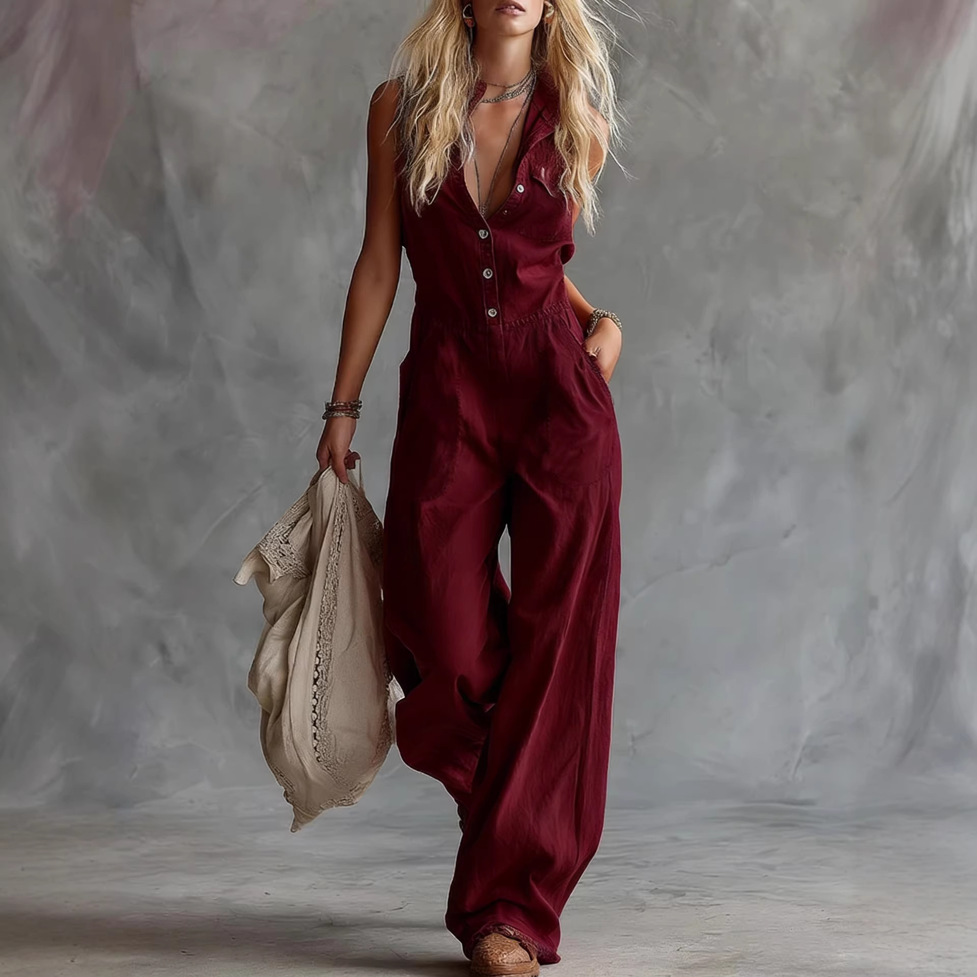 V-Neck Button-Front Sleeveless Linen-Blend Wide-Leg Jumpsuit