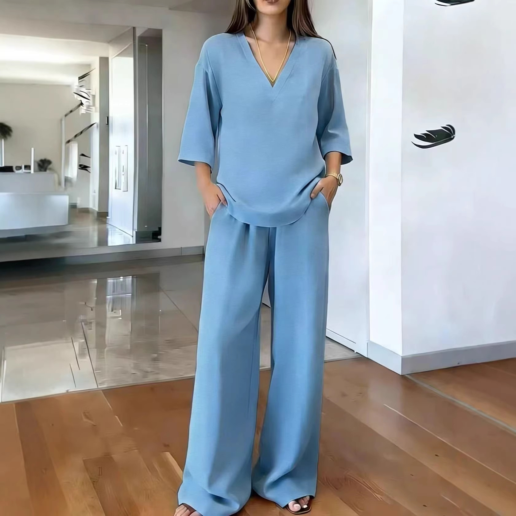 Women's Solid V-Neck Half-Sleeve Top & Wide-Leg Pants Casual Set
