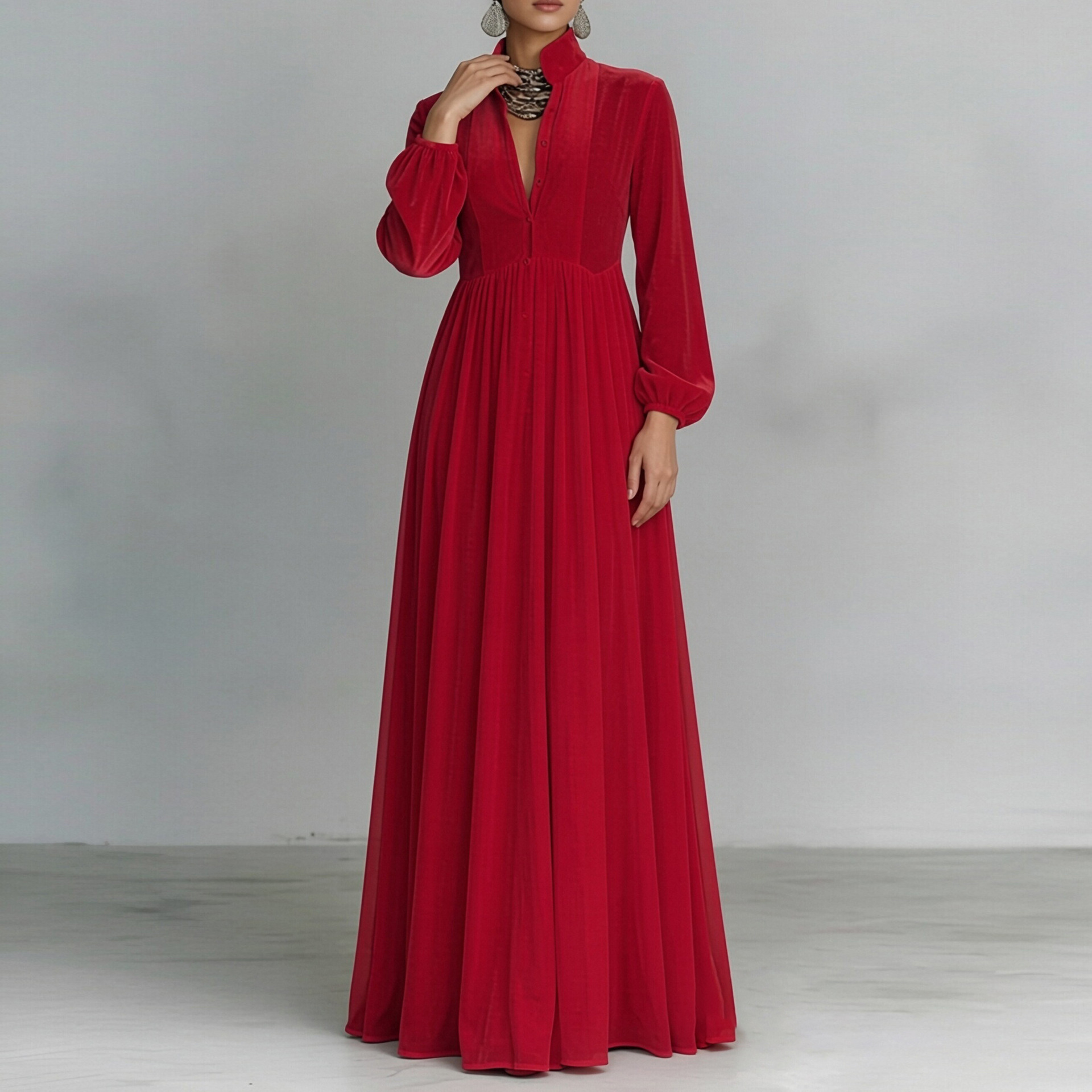 Women's Slim Fit V-Neck Colorblock Long Dress