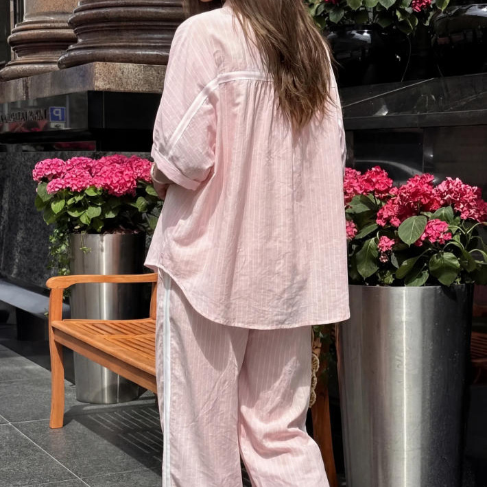 Relaxed Pink Striped Short-Sleeve Shirt and Pants Two-Piece Set