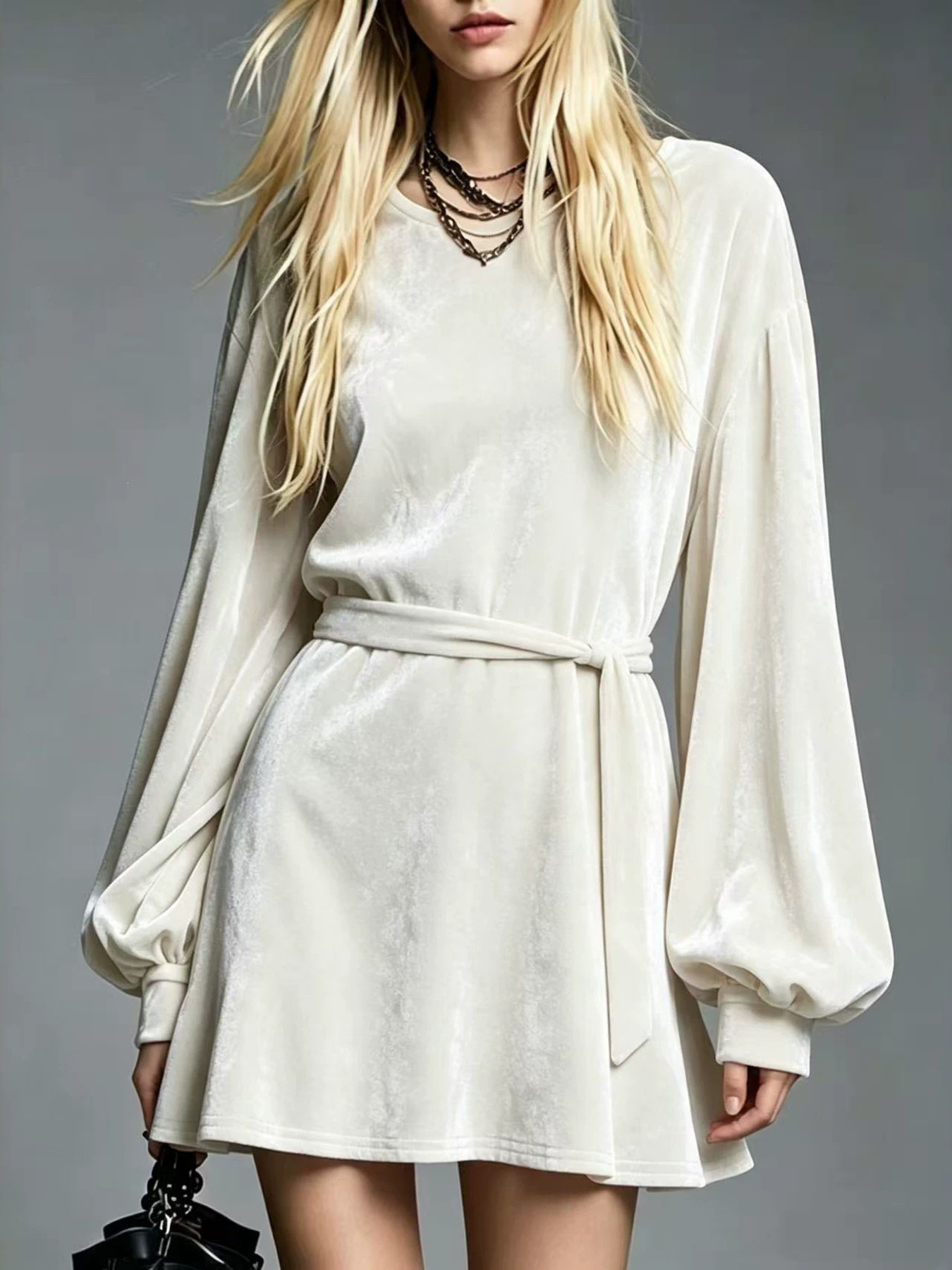 Korean Velvet A-Line Dress with Round Neck, Lantern Sleeves, and Tie Waist