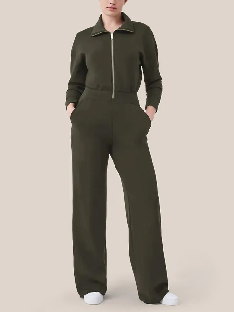 Women's Long Sleeve Wide Leg Jumpsuit Zip Collar Sweatsuit