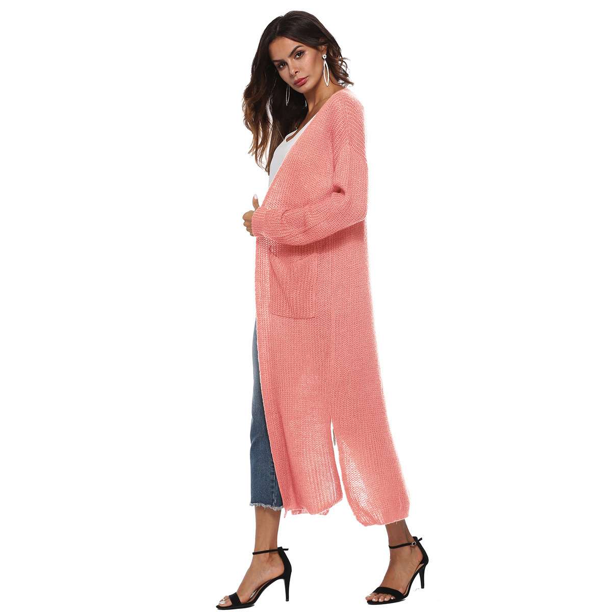 Mohair Cardigan Women's Long Open Front Split Pocket Sweater Coat