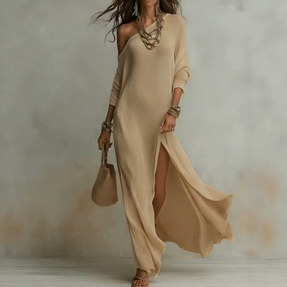 Elegant Long Sleeve Knit Pleated Slit Sweater Dress