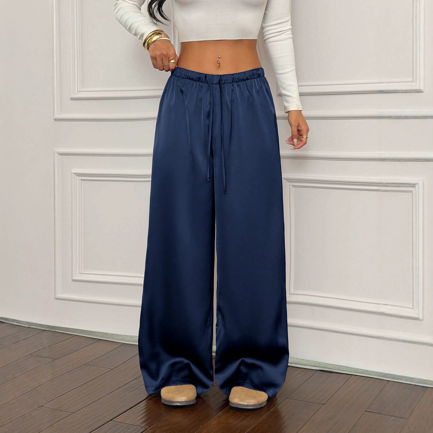 Satin High-Waist Wide-Leg Pants for Women, Loose Casual Drape