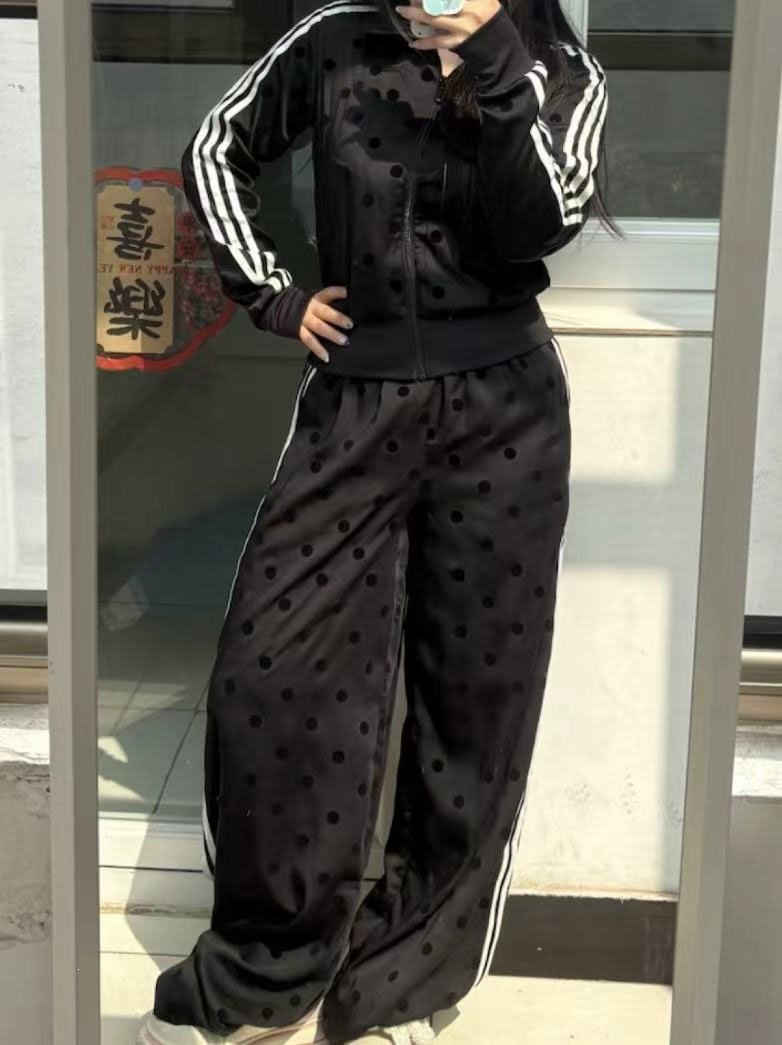 Polka Dot Three-Stripe Casual Set with Retro Stand Collar Jacket and Wide-Leg Pants