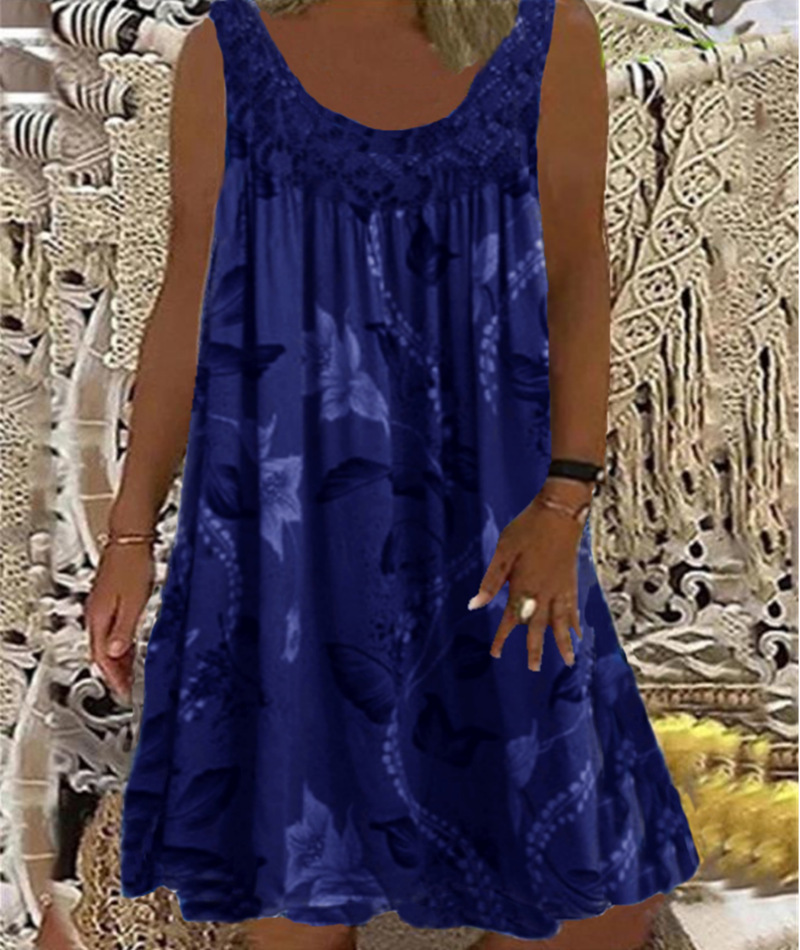 Women's Vintage Floral Butterfly Midi Dress Sleeveless Round Neck Slim Fit