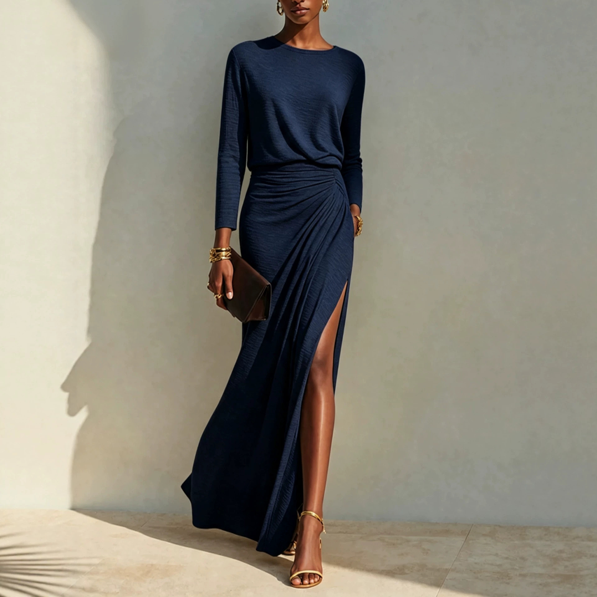Elegant Long Sleeve Twist Waist Ruched Side Slit Party Evening Dress