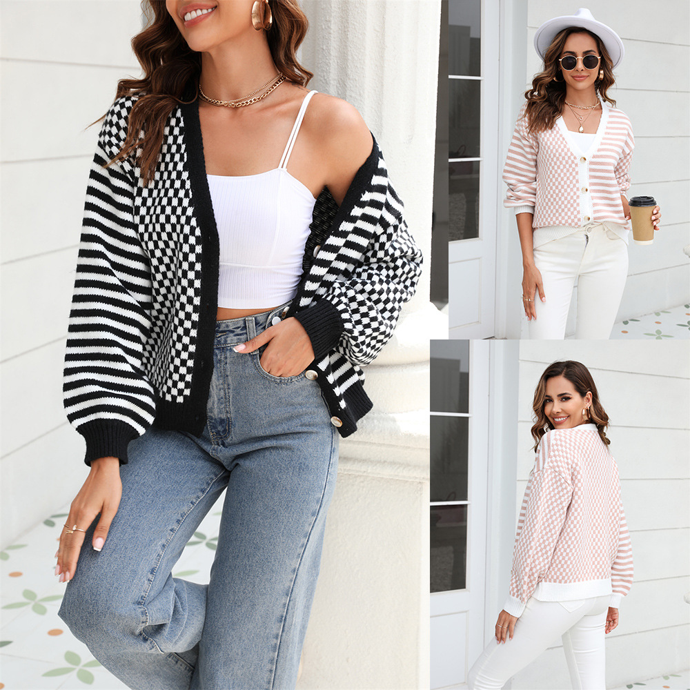 Plaid Striped Color-Block Knit Cardigan Sweater