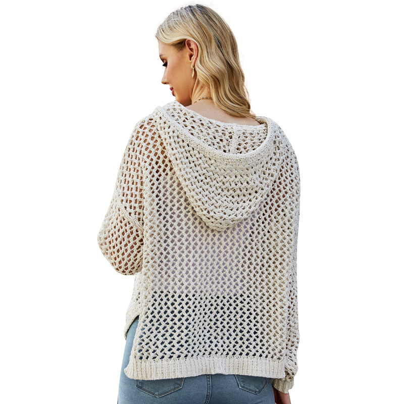 Women's Loose Long Sleeve Hollow Out Hooded Sweater