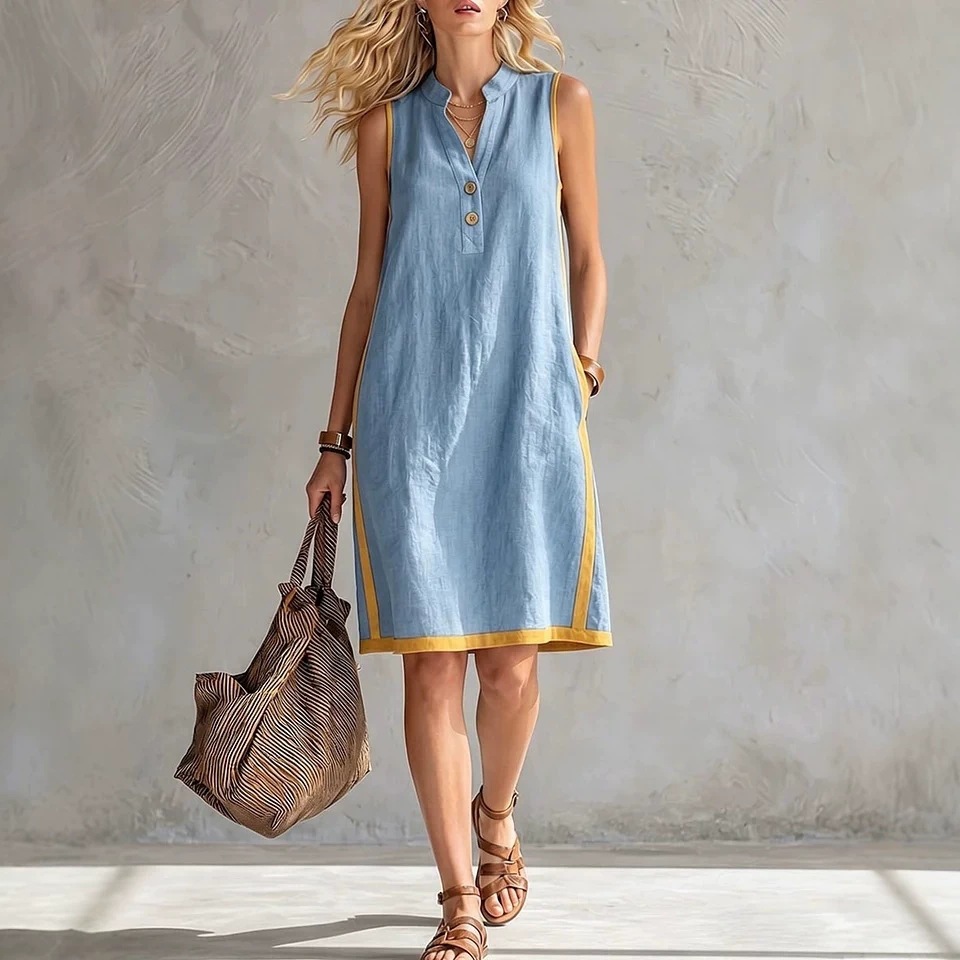 V-Neck Button-Down Sleeveless Midi Dress with Contrast Trim and Pockets