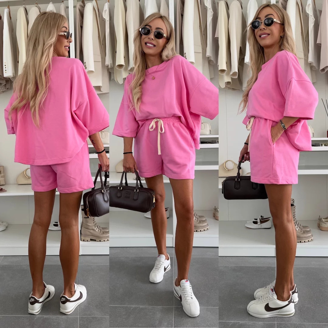 Women's Casual Solid Crewneck Half-Sleeve T-Shirt and Tie Shorts 2-Piece Set