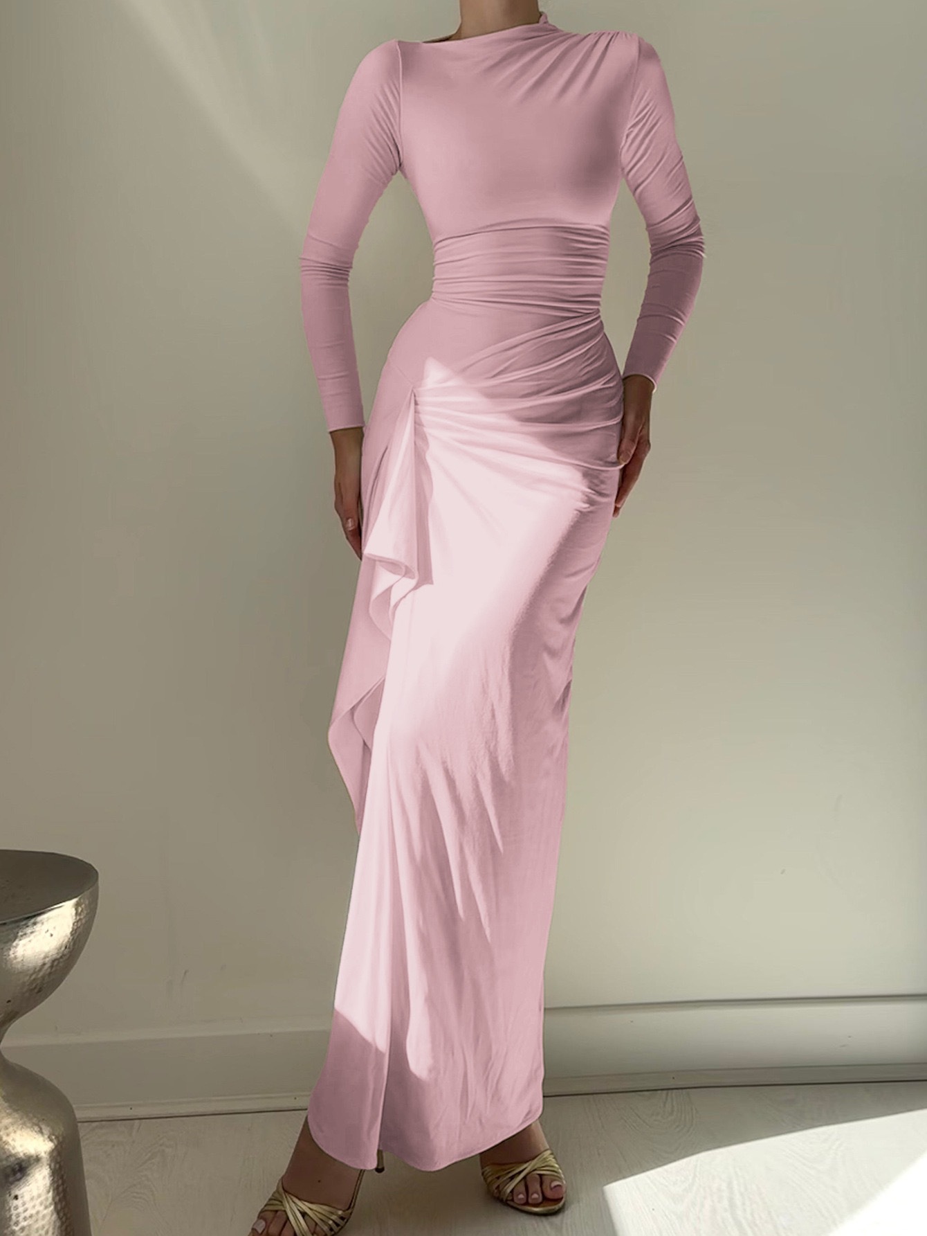 Solid Crew Neck Slit Bodycon Long Dress