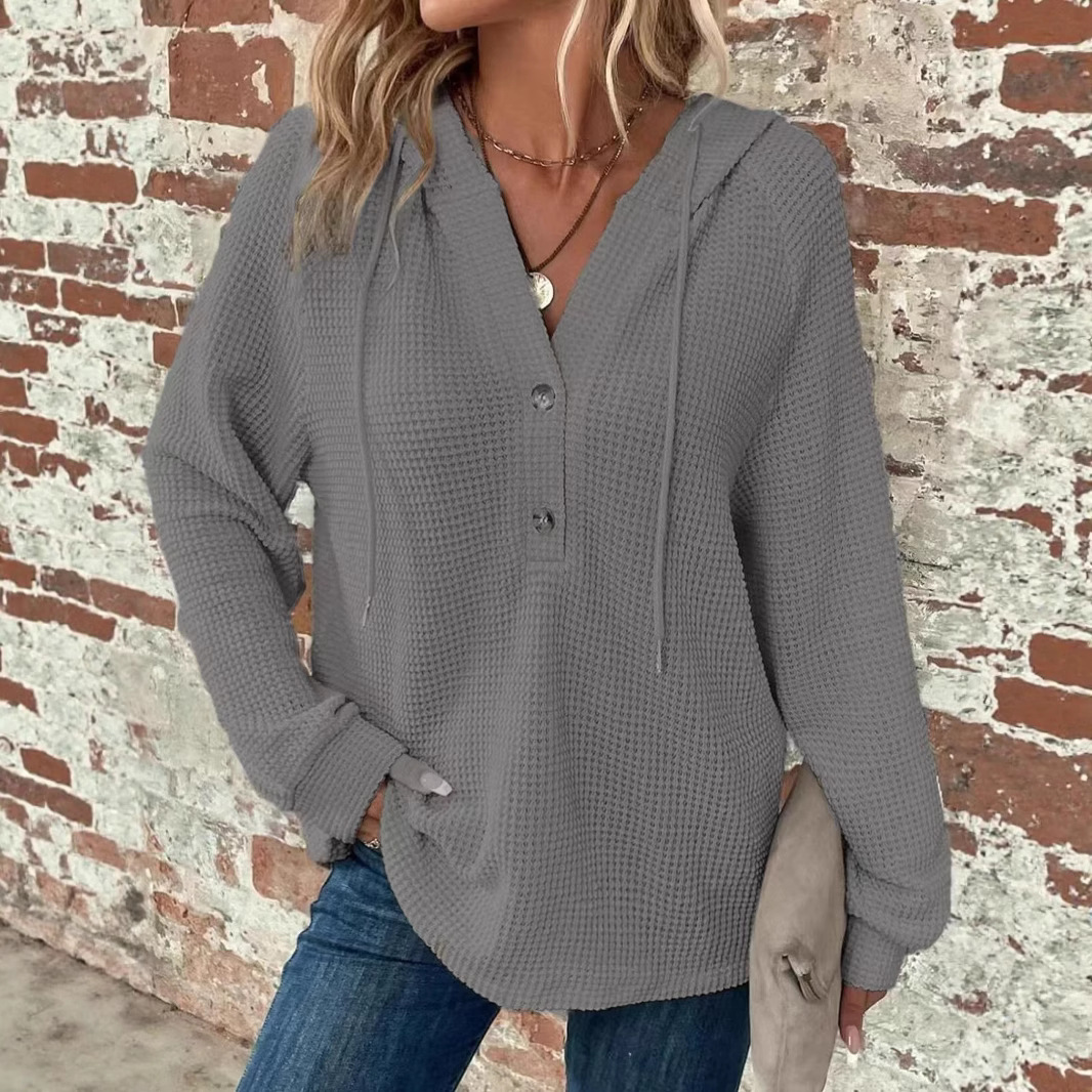 Women's Waffle Knit Drawstring Hoodie Button V-Neck Long Sleeve Pullover