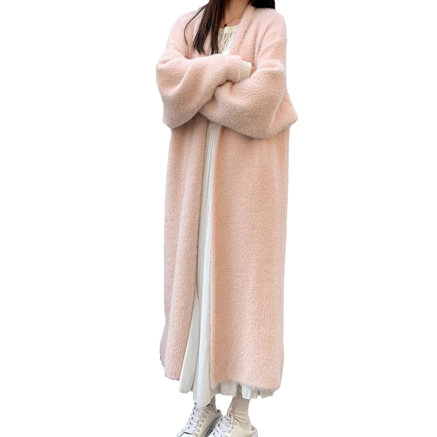 Women's Long Over-Knee Cardigan Sweater Loose Faux Mink Coat