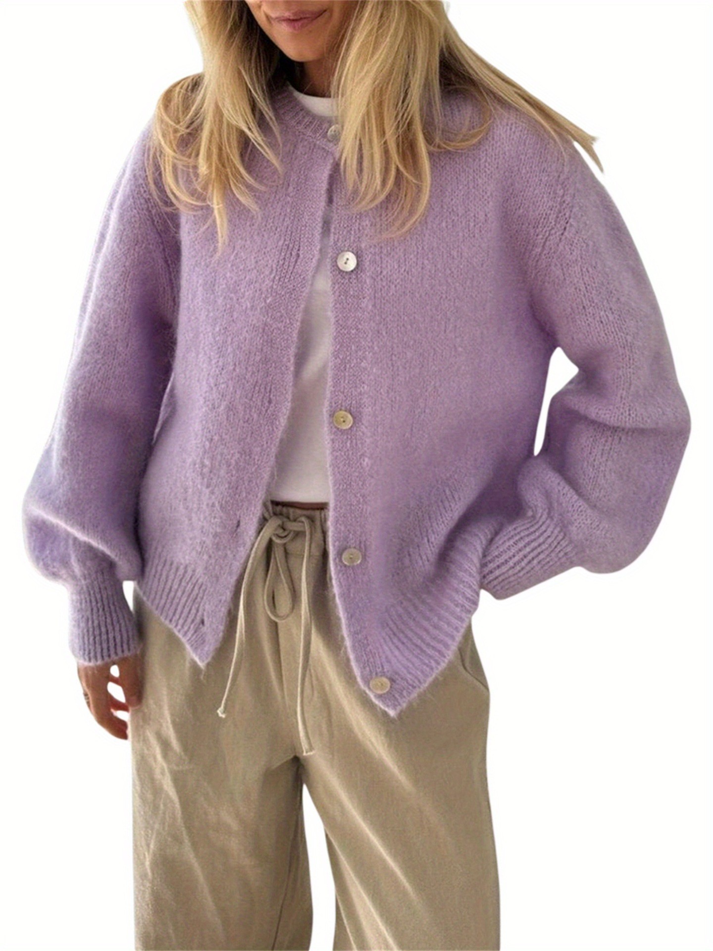 Women's Loose Knit Button-Front Cardigan Sweater Long Sleeve Crew Neck