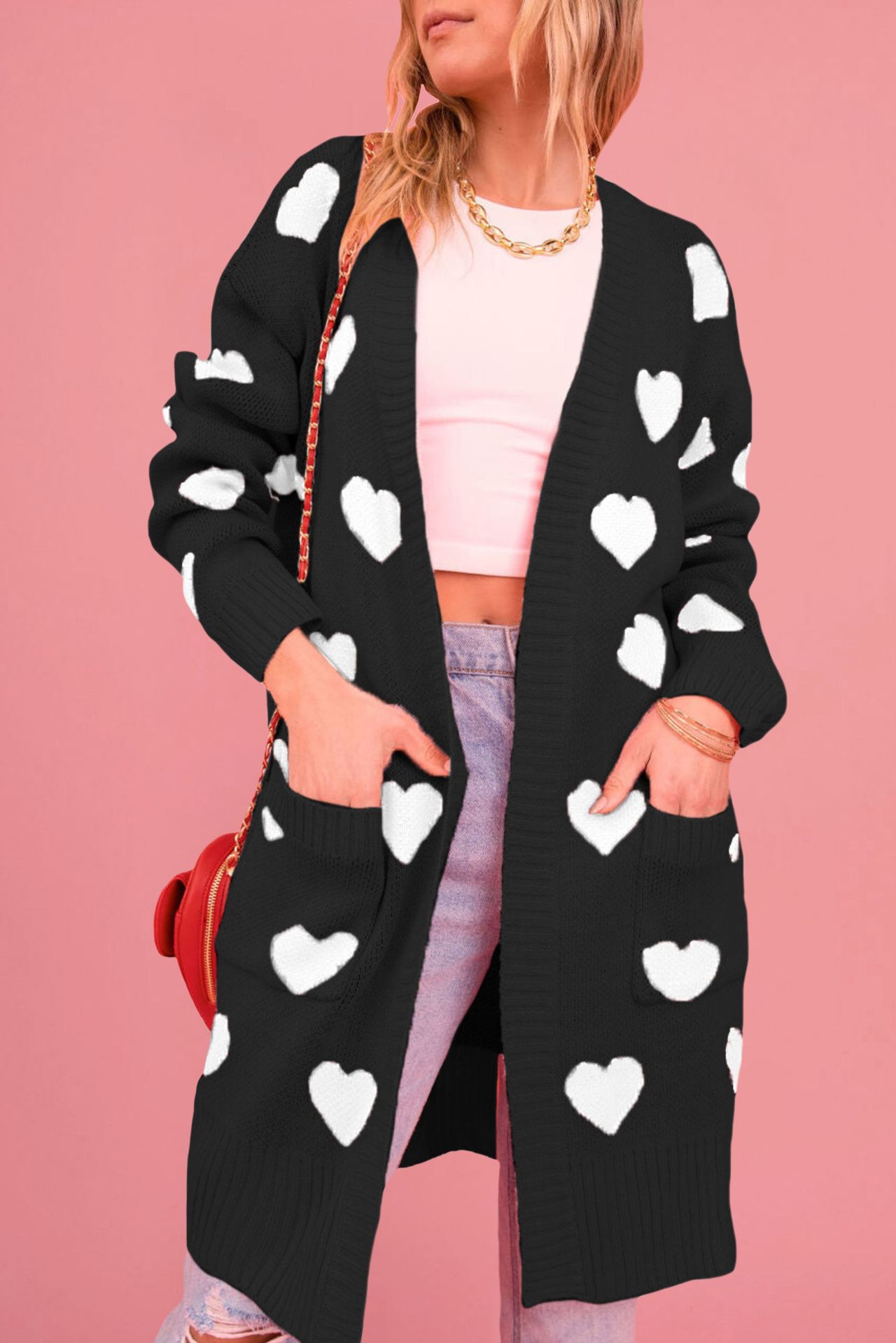 Heart Jacquard Knit Midi Cardigan Sweater Coat Women's Plus Size