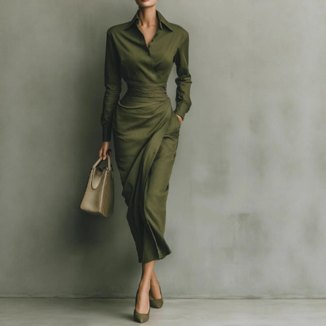Women's Slim Fit Long Sleeve Midi Dress with Collar
