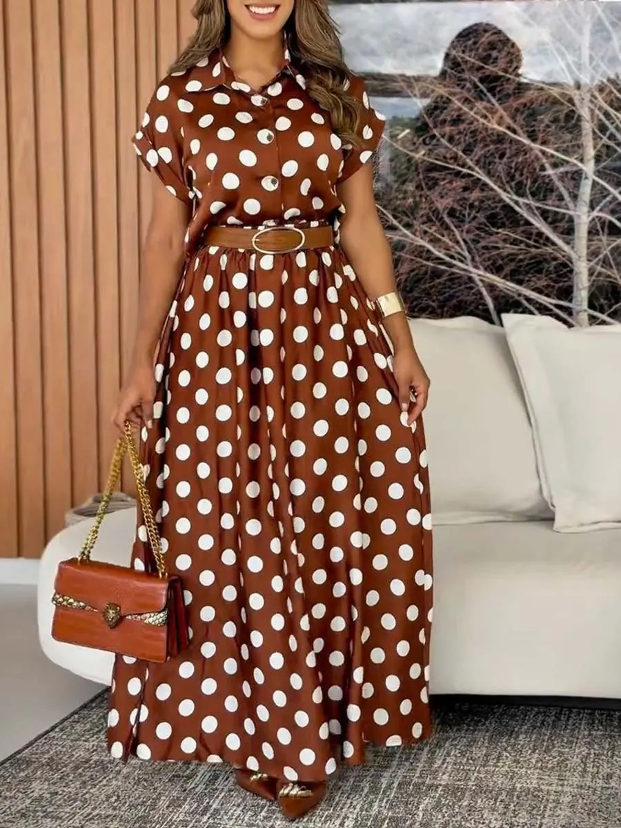 French Vintage Polka Dot Tie-Waist Midi Dress Coffee