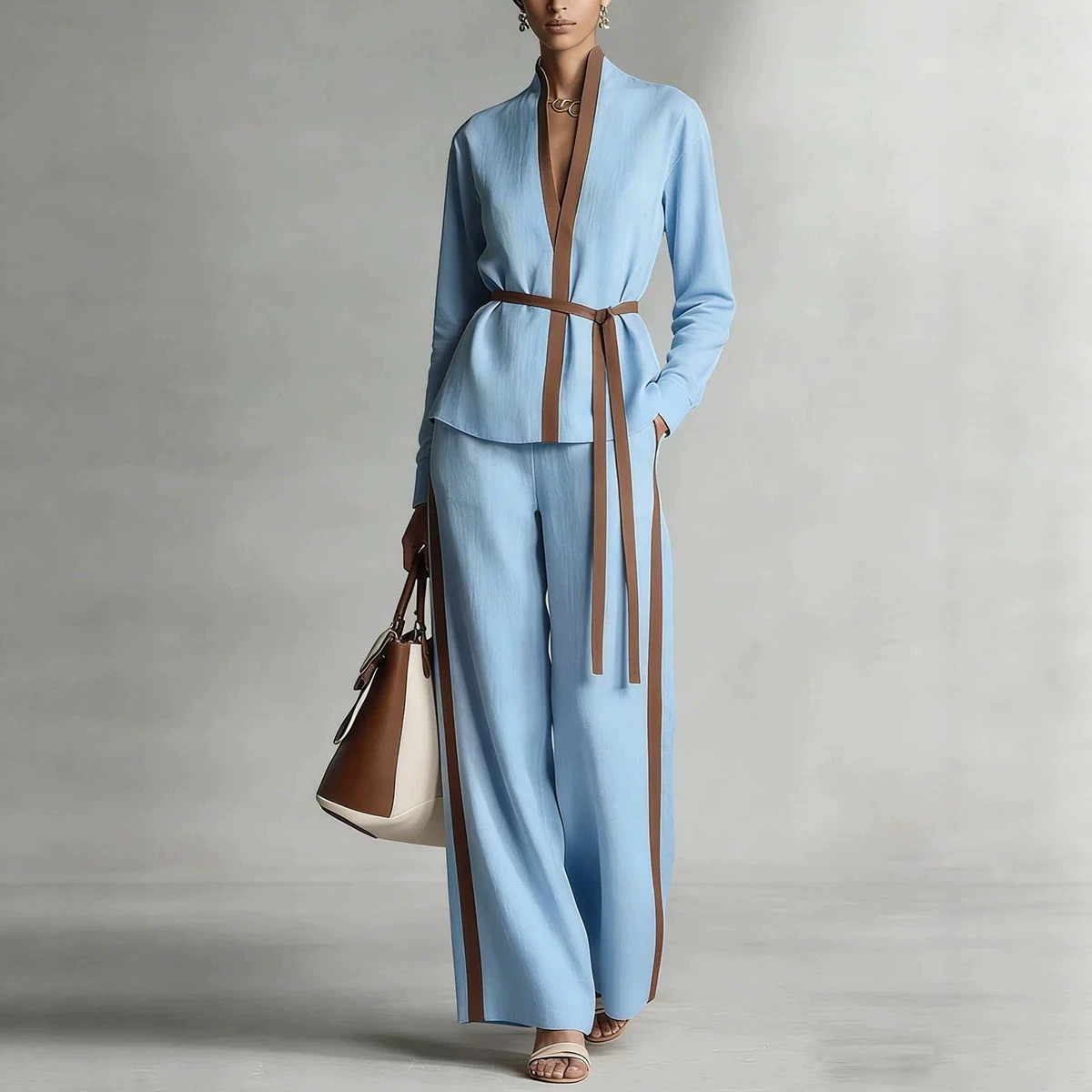 Women's Color-Block Cardigan Shirt and Wide-Leg Pants Two-Piece Set