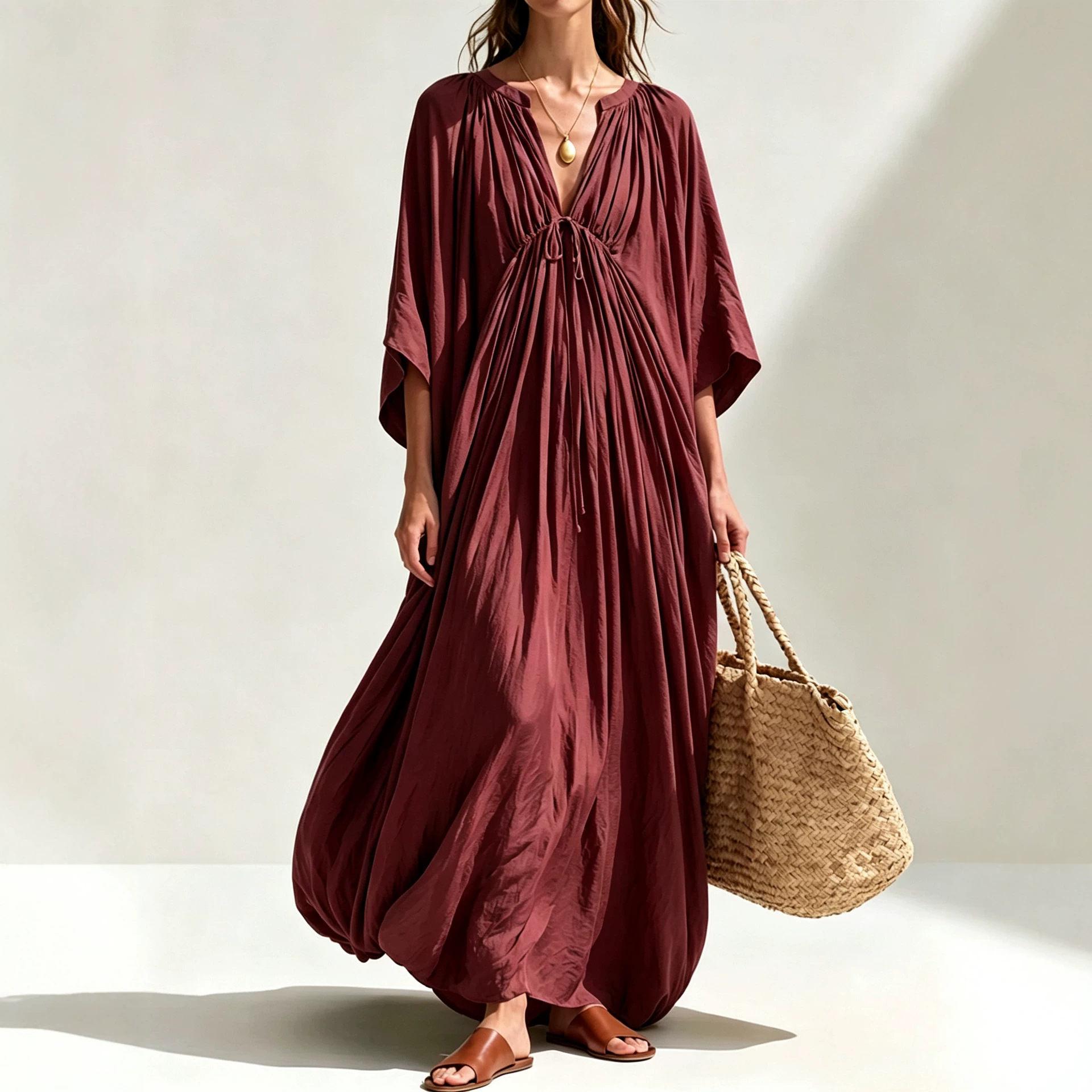 V-Neck Pleated Solid Color Loose Casual Dress