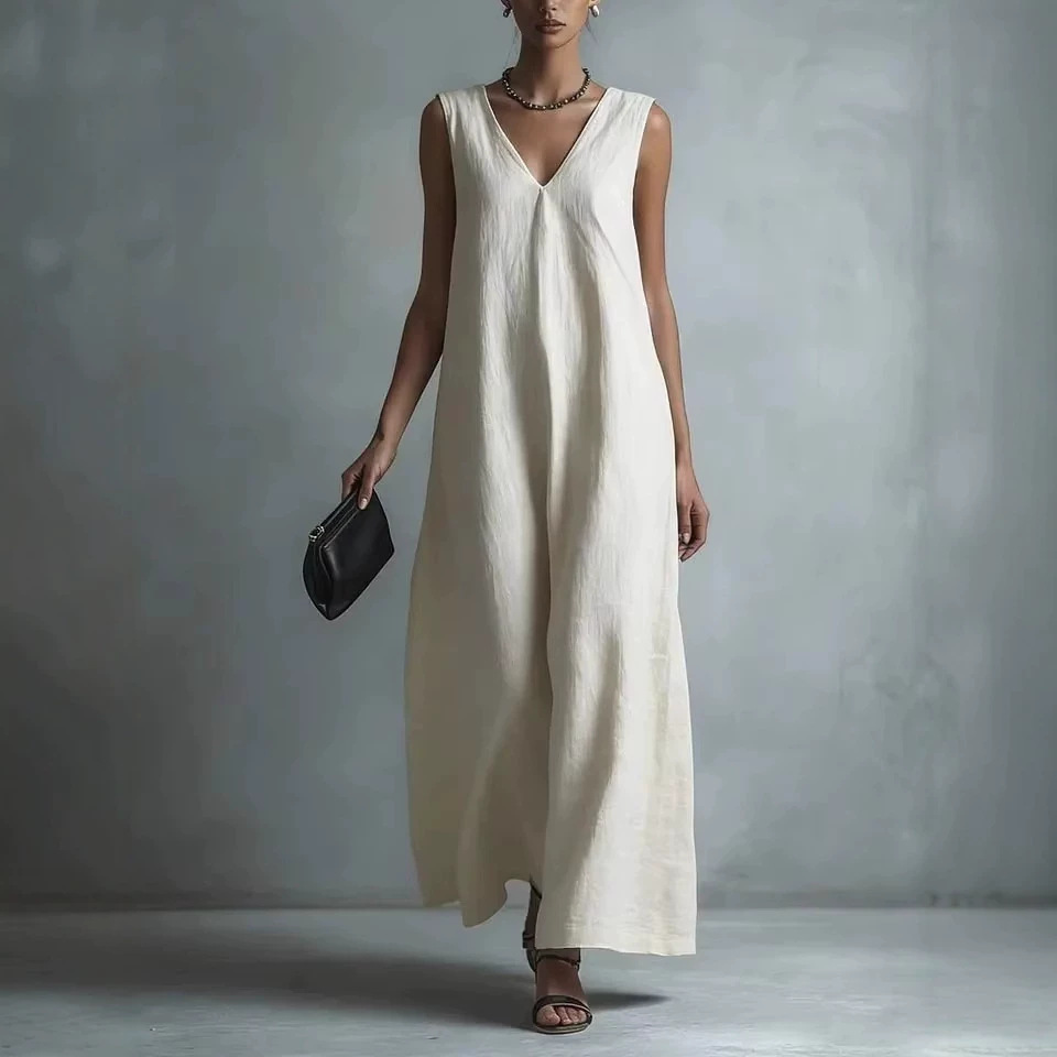 Women's V-Neck Sleeveless Cotton Linen Dress Casual A-Line Midi