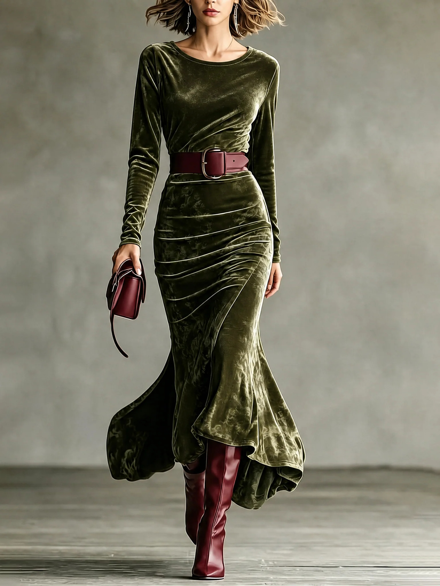 Elegant Velvet Long Sleeve Round Neck Slim Fit Mermaid Dress
