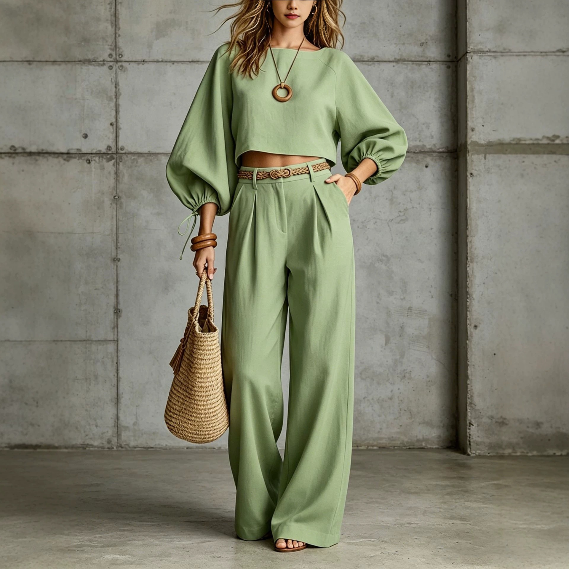 Women's Puff Sleeve Crop Top and Wide-Leg Pants Two-Piece Set
