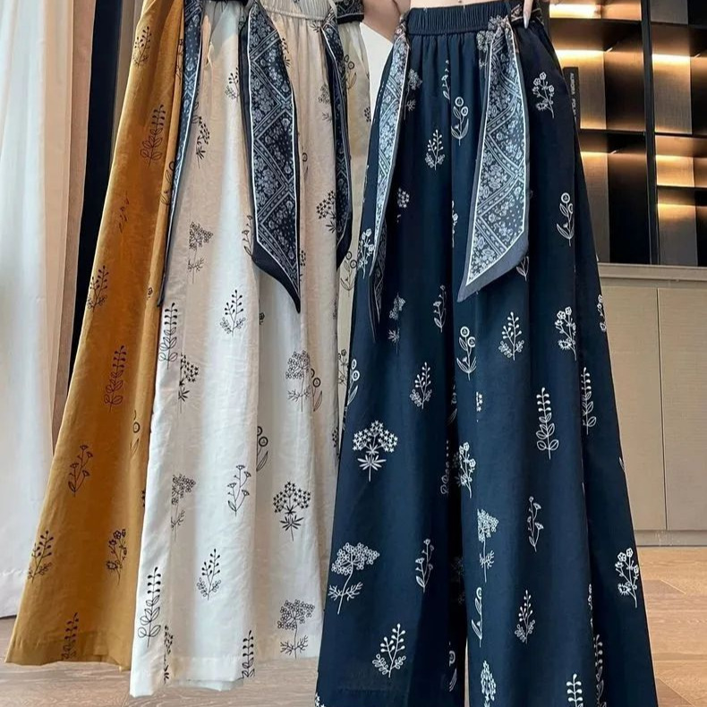 Printed Cotton-Linen Wide-Leg Pants for Women, High-Waist Tie, Loose Cropped