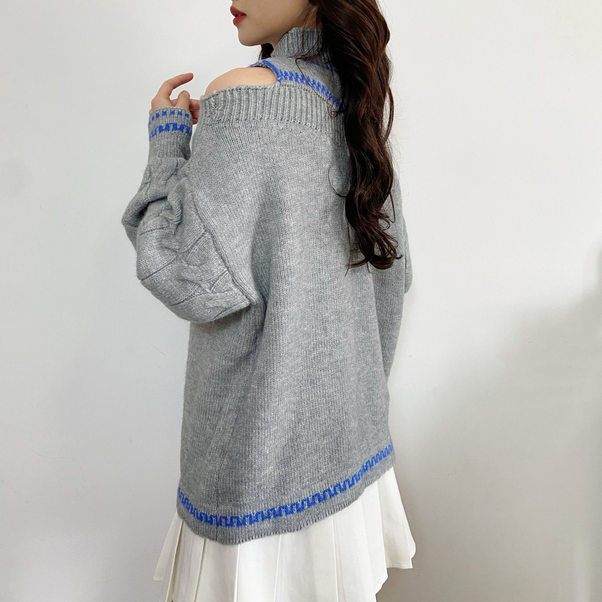 Women's Turtleneck Cold-Shoulder Wool Sweater