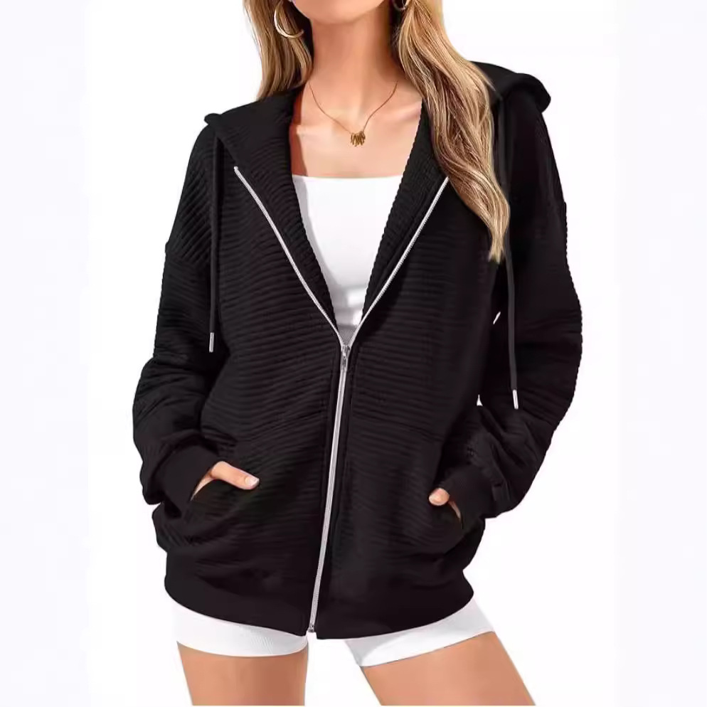 Long Sleeve Solid Color Zip-Up Hoodie with Pockets