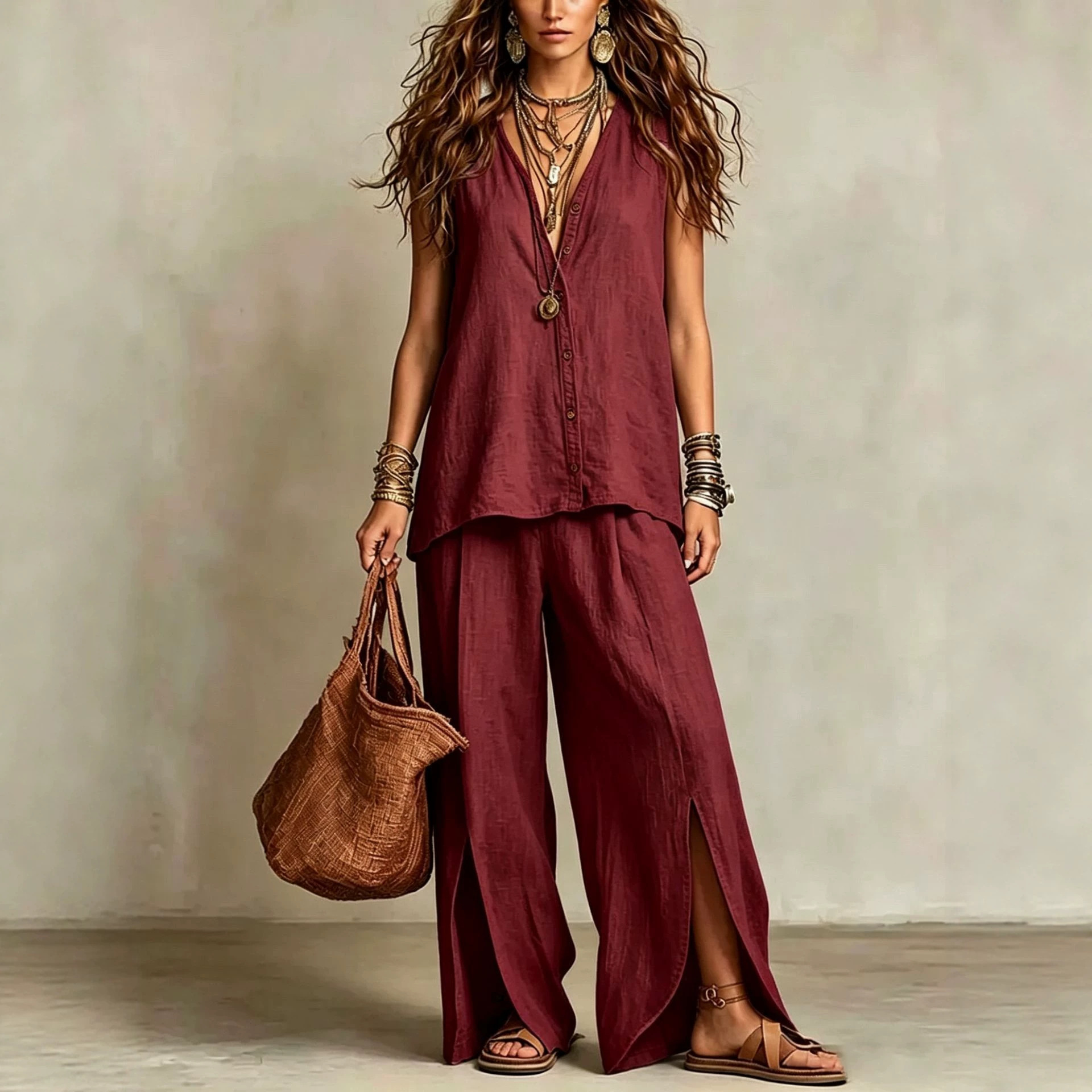 Women's Sleeveless V-Neck Button Lounge Set Casual Beach Two-Piece