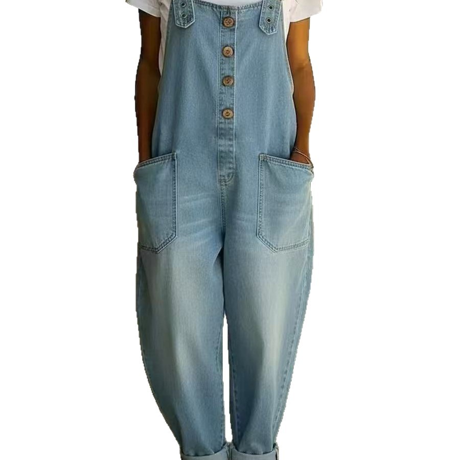 Women's Vintage Washed Denim Jumpsuit Adjustable Buckle Loose Fit