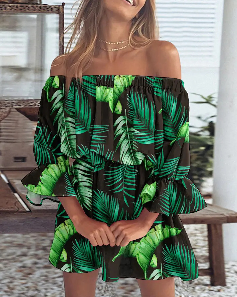 Women's Off-Shoulder Floral Print Dress Short Sleeve A-Line