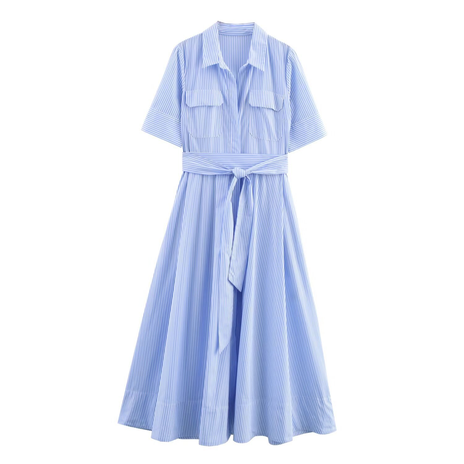 Women's Poplin Shirt Dress with Blue Stripes, Short Sleeve, High Waist A-Line