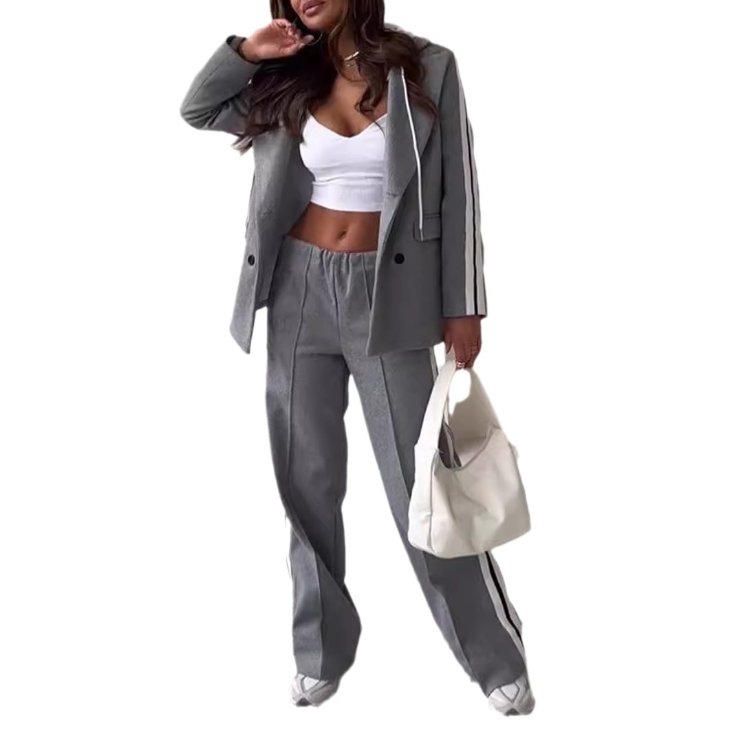 Ribbon Hooded Blazer & Wide-Leg Pants Two-Piece Set