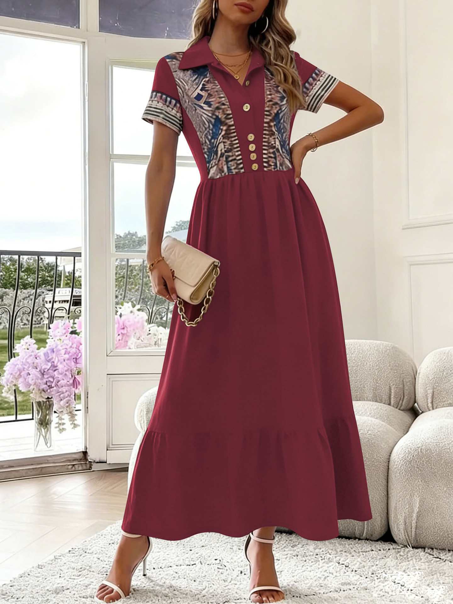 Aztec Print Collared Short Sleeve A-Line Maxi Dress
